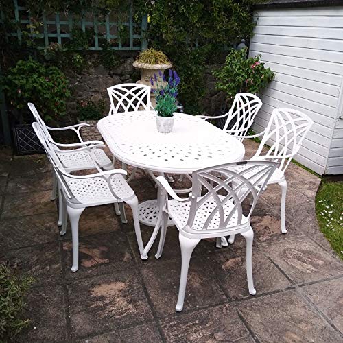 Salon de Jardin: 150 cm Table Ovale June en Blanc avec 6 Chaises April | par Lazy Susan | Aluminium moulé au Sable | Résistant aux intempéries | Facile à Assembler