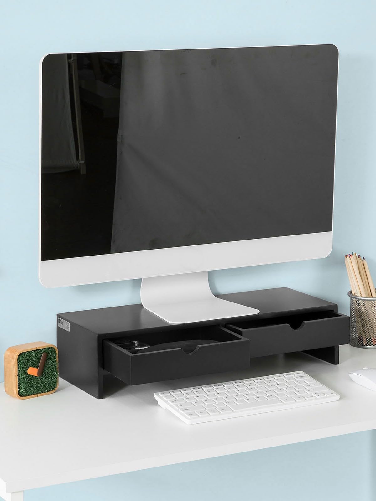 SoBuy Supporto Monitor Scrivania con 2 Cassetti Rialzo Monitor da Scrivania Supporto PC Laptop Stand per Ufficio o Casa Altezza 11cm Nero 47x18x11cm BBF02-SCH
