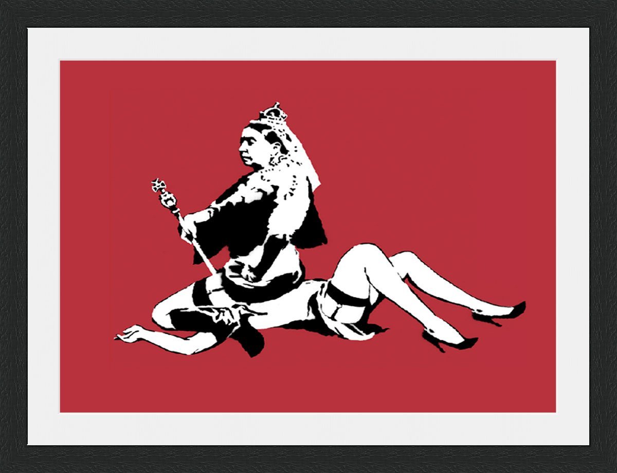 Behind The Glass Black Banksy Queen Victoria - Framed & Mounted - 40X30cm - Frame