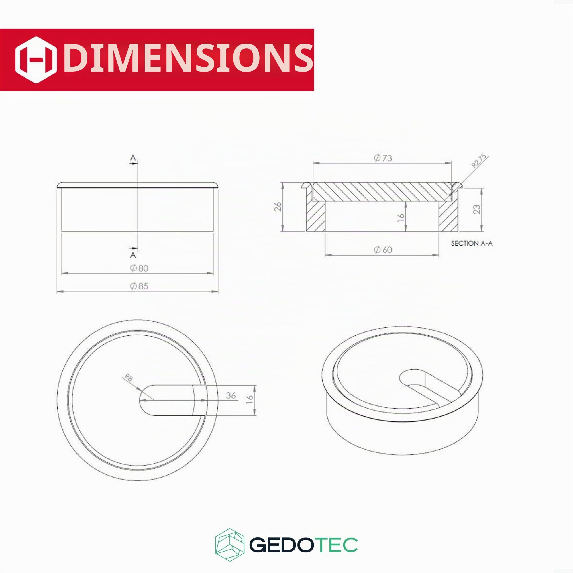 Gedotec Passage de câbles en chêne laqué | Plain | 2 passages de câbles Ronds | Prise de câble Ø de perçage 80 mm | Passage de câbles à Coller dans Le Plan de Travail