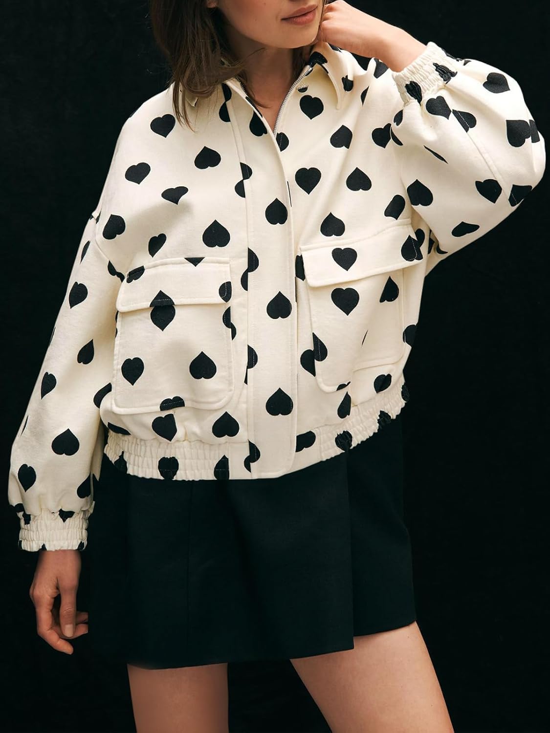 Womens Cropped Heart Bomber Jacket Cute Valentine Oversized Zip up Coat Fall Casual Outerwear