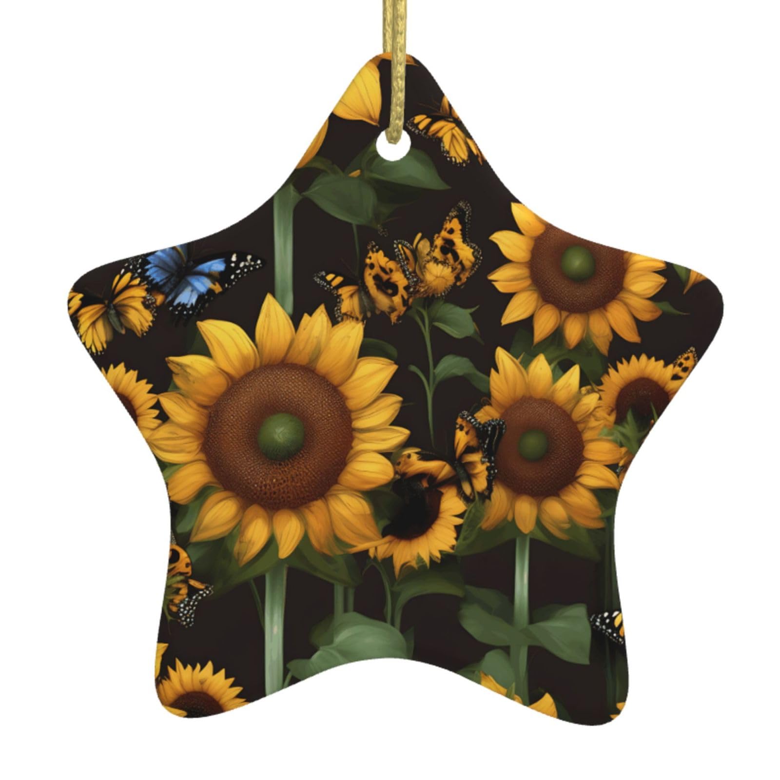 Nbtghga White Sunflower Floral Butterflies Art Print Christmas Ornaments, Ceramic Hanging Ornament, Round Shape Decorations