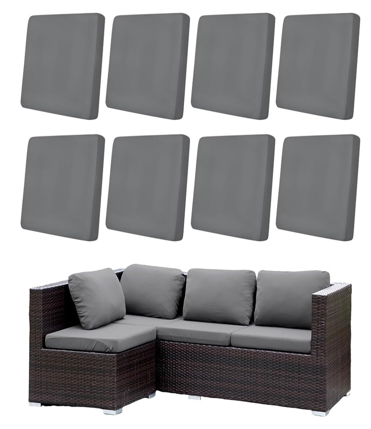 Hiseng Housses de Coussin de Canapé D'extérieur Extensibles Lot de 8, Gris Housses de Coussin de Siège Canapé de Remplacement pour Salon de Jardin, Meubles de Terrasse