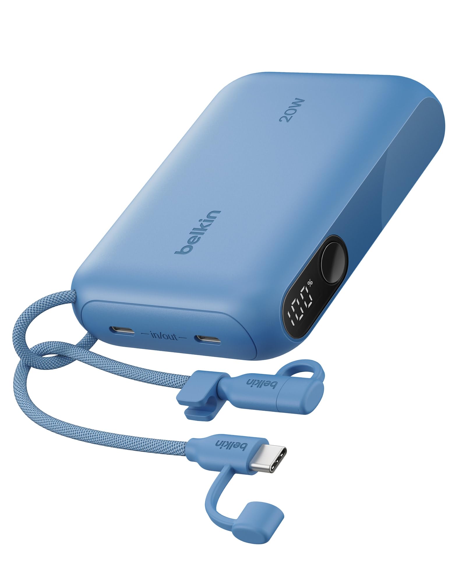 Belkin Portable Charger, Slim USB-C Power Bank 10,000mAh w/ 2 USB-C Ports, Digital Battery Display, 20W Charging Battery Pack - iPhone 17, Air, Pro, Samsung Galaxy S25, Pixel 10, iPad, & More - Blue