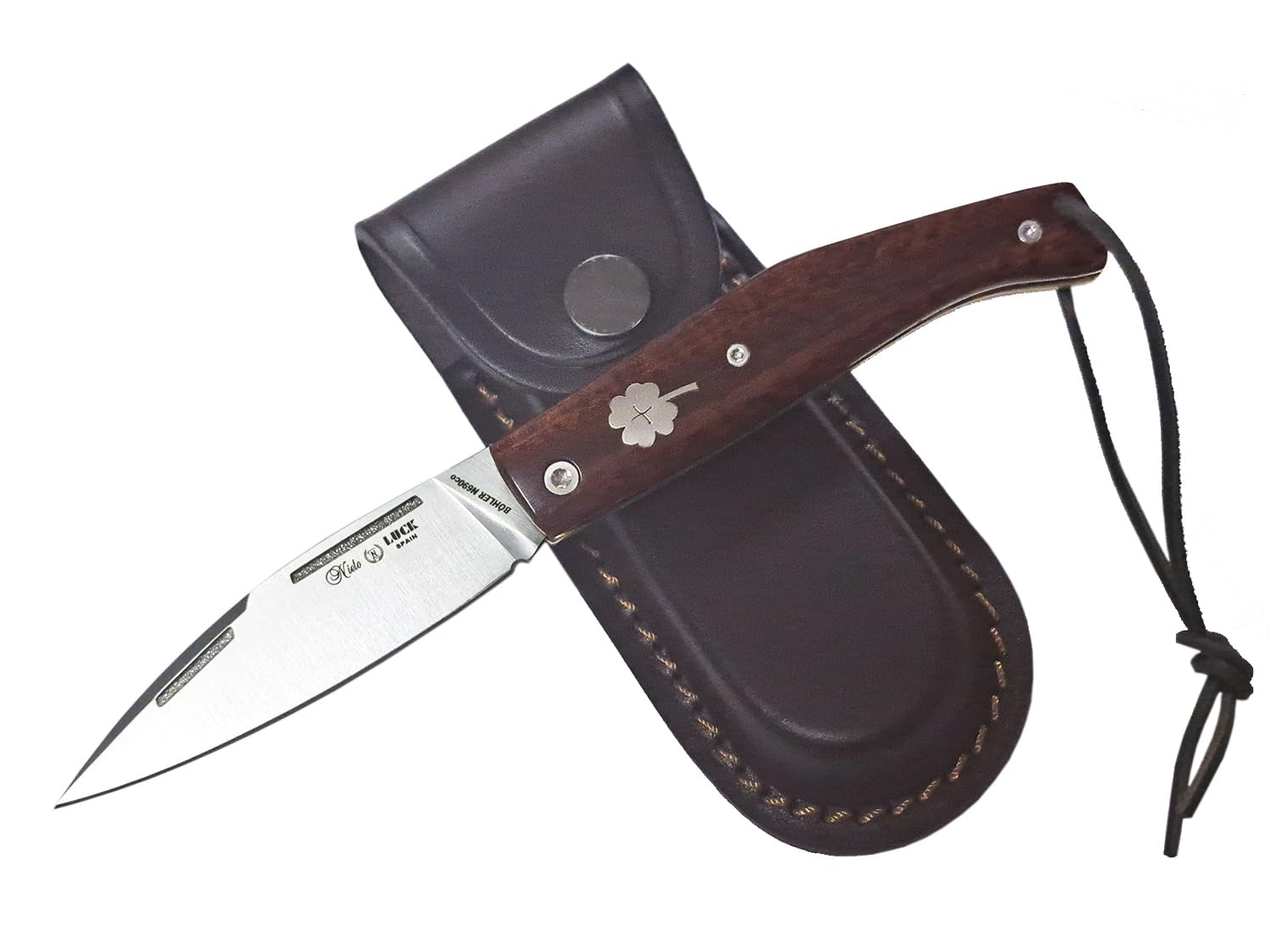 Tiendas LGP - MIGUEL NIETO Navaja Luck 50-ANF, con hoja en acero inoxidable Böhler N695co hoja de 8 cm. y empuñadura en Palo de Serpiente Pulida, Hueco con cordón fiador incluido, Con Funda de Cuero