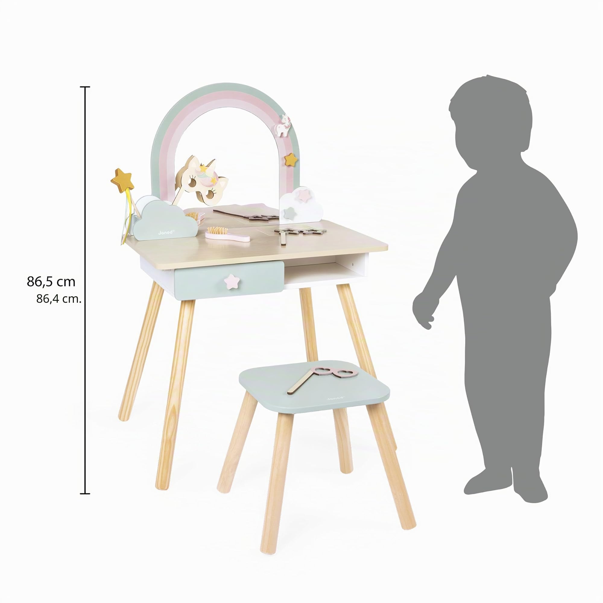 Janod Tocador Niña - Tema Unicornio - Imitación Juego - Tocador con Espejo y Taburete de Juguete - 10 Accesorios - Dim 56,6 x 42,5 x 86,25 cm - A Partir de 3 Años - J06464