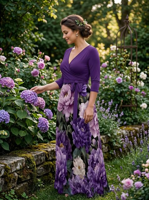 Image of PinkPatty Plus Size Maxi Dresses for Women Casual Flowy Long Dress 3 /4 Sleeve V Neck Wrap Dress with Belt