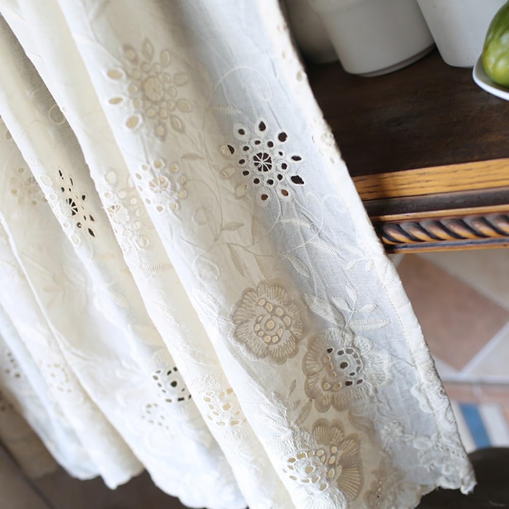 Mantovana Shabby Chic In Cotone Bianco Con Pizzo Beige – Tenda Corta Per Cucina E Bagno, 120x63 Cm, Semitrasparente, Con Cinturino Allacciato
