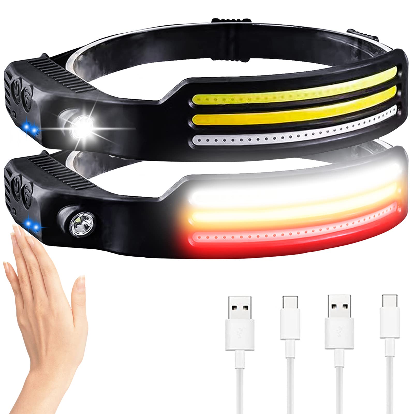 PUNLIM Headlamp Rechargeable,Head lamp Super Bright 1200 lumens White Yellow Red 3 Light,230° Wide Beam Motion Sensor Headlight,Light Weight Waterproof for Camping,Running,Hiking（2-Pack