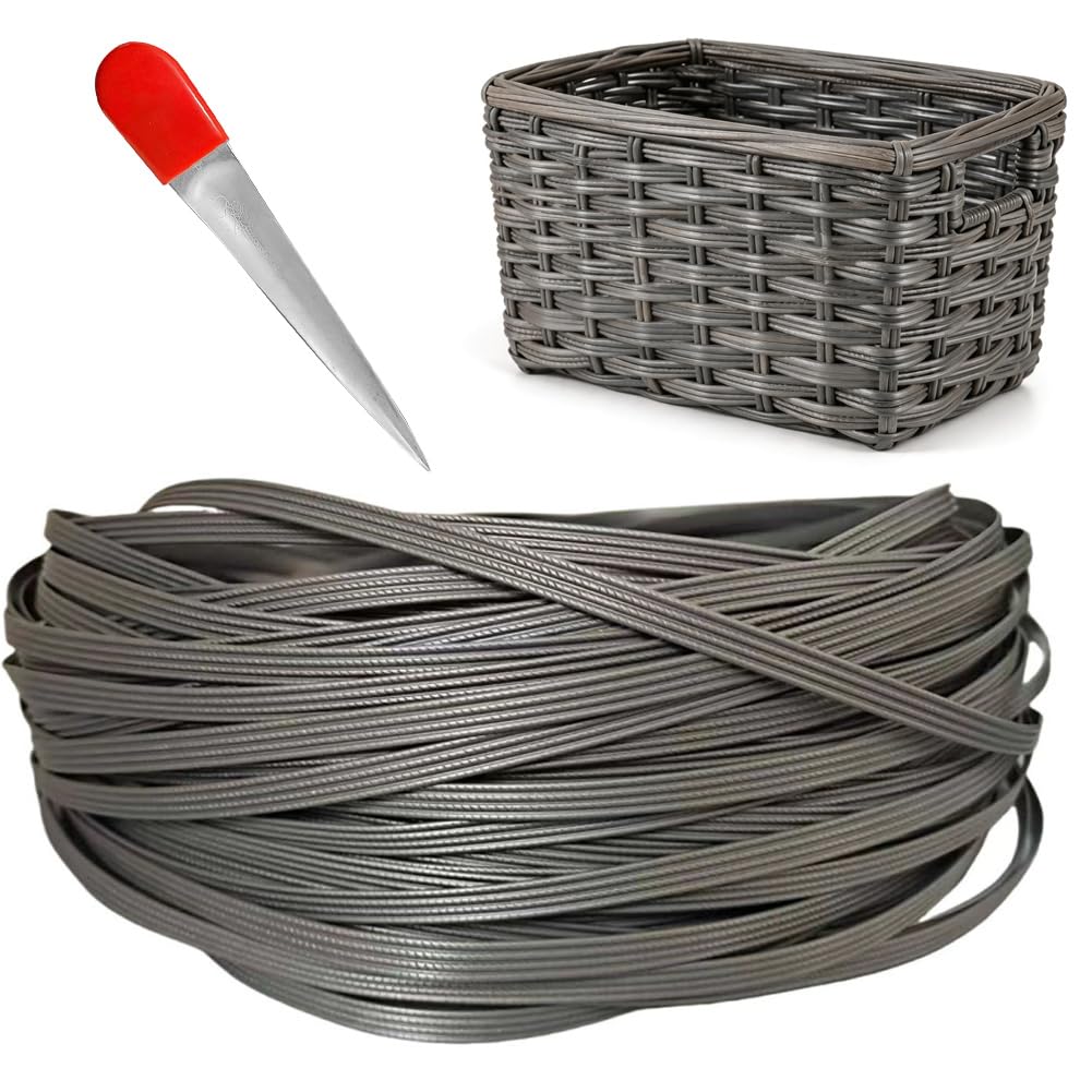 CEWROM 65m Kunststoff Gewebtes Rattan, Flach PE-Rattan, Langlebiges Korbgeflecht Reparaturmaterial, Webwerkzeug für Gartenmöbel, Terrassenmöbel, Bank, Stuhl, Tisch und Tischkorb (Silber)