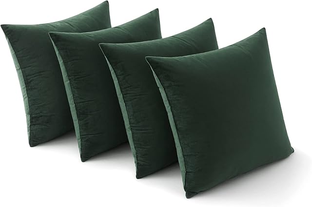 MIULEE Pack of 4 Velvet Cushion Covers Soft Decorative Square Throw Pillowcases with Invisible Zipper for Living Room Bedroom Sofa Couch Office Home 45x45 cm 18x18 Inch Dark Green