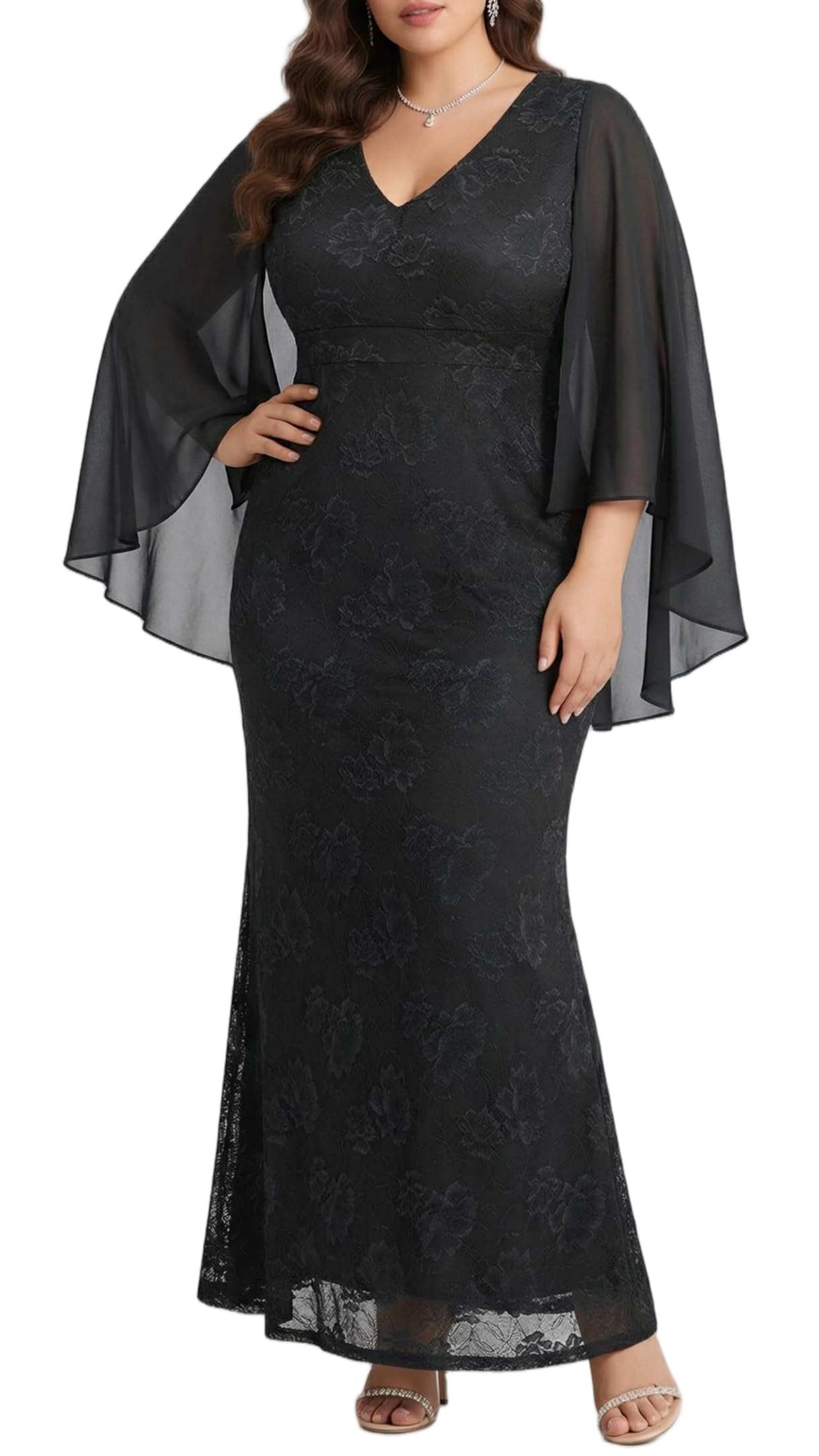 Photo 1 of Plus Size Black V Neck Chiffon Cape Ruffle Sleeve Mermaid Dress 18w