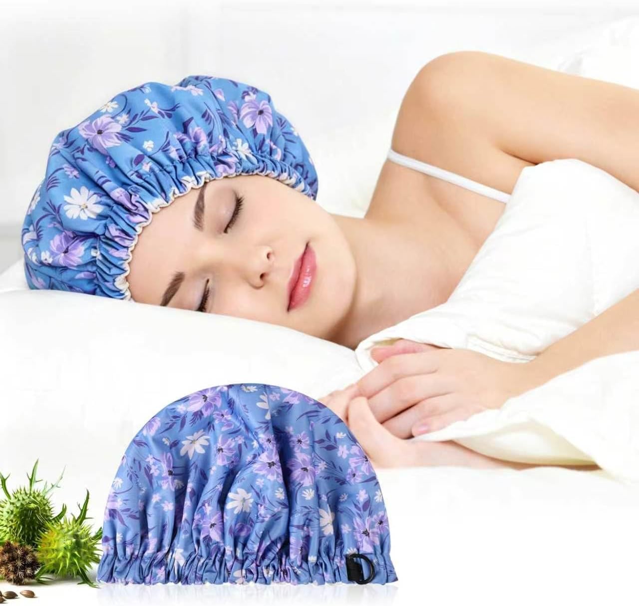 Reusable Castor Oil Hair Cap for Women, Suitable for Treating Dry, Damaged Hair, Overnight Organic Cotton Hair Cap (Oil Not Included), Purple Flowers, S