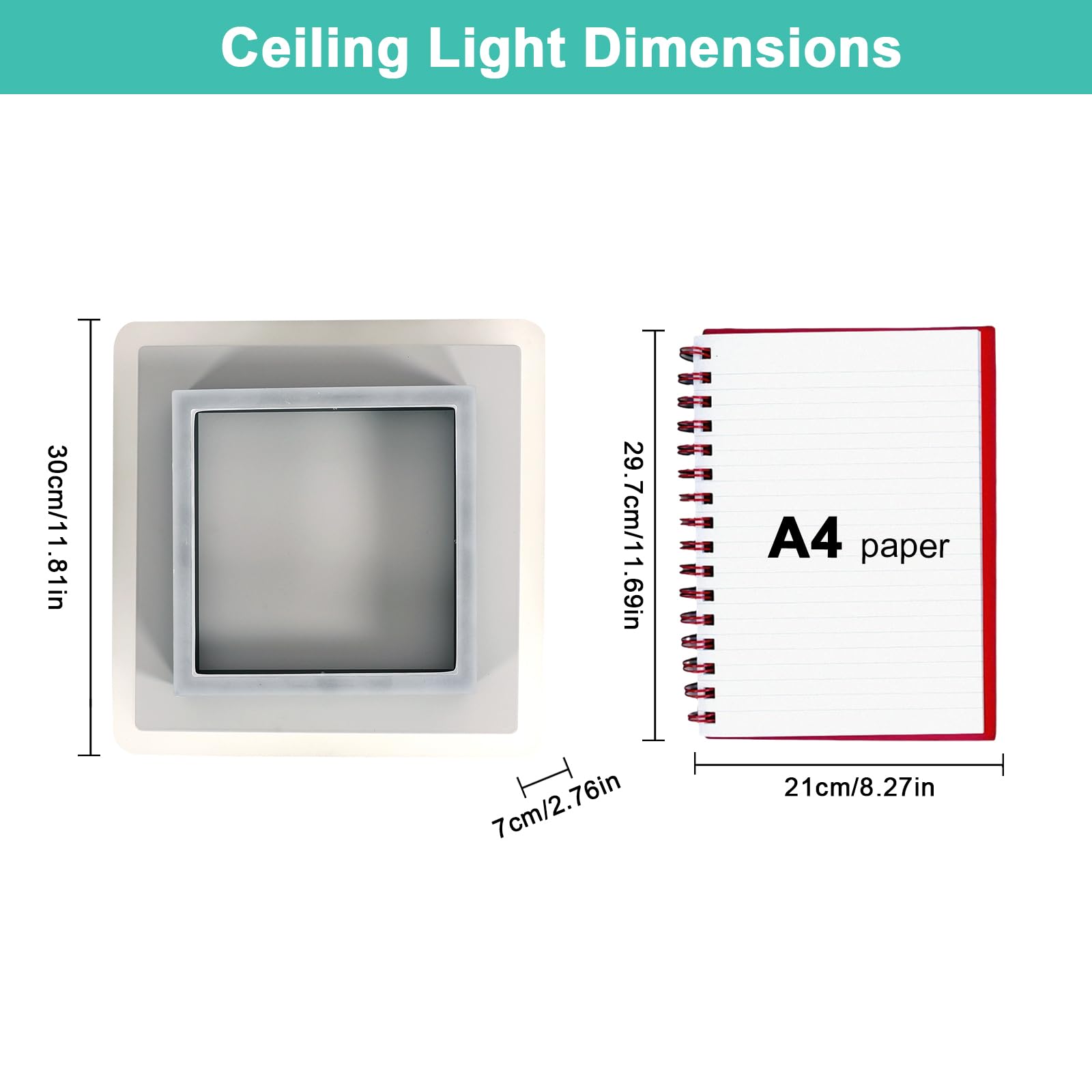 Lampara LED Techo Moderna, Plafon LED Techo Cuadrado 30W | Luz de Techo de Acrílico Negro para Sala de Estar Dormitorio Pasillo Cocina, Luz Blanca Fria 6500K, 30CM