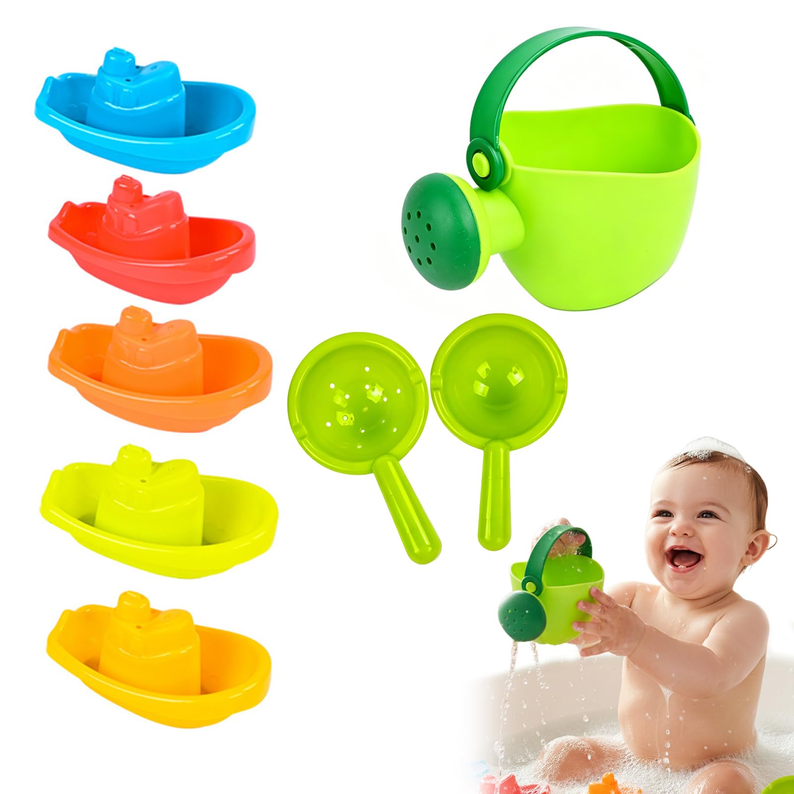 Bath Toys - 15PCS Mould Free Water Play Set with Watering Can, Floating Boats & Spoons, Mesh Storage Bag, Safe Smooth Baby Bath Toys & Water Toys