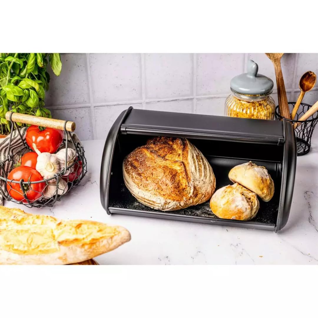 KING HOFF Panera, caja para guardar pan, panera espaciosa de metal, pan y galletas, larga conservación y frescura, 44 cm x 27 cm x 18,5 cm (negro)