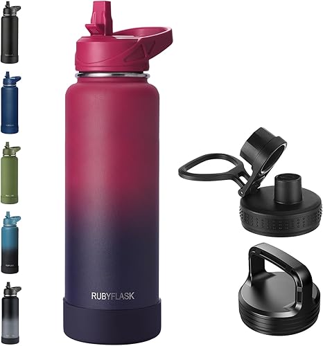 Miniatura 27 de Botella de agua aislada de 40 onzas con popote, termo de acero inoxidable con vacío, botella de agua térmica grande con 3 tapas a prueba de fugas