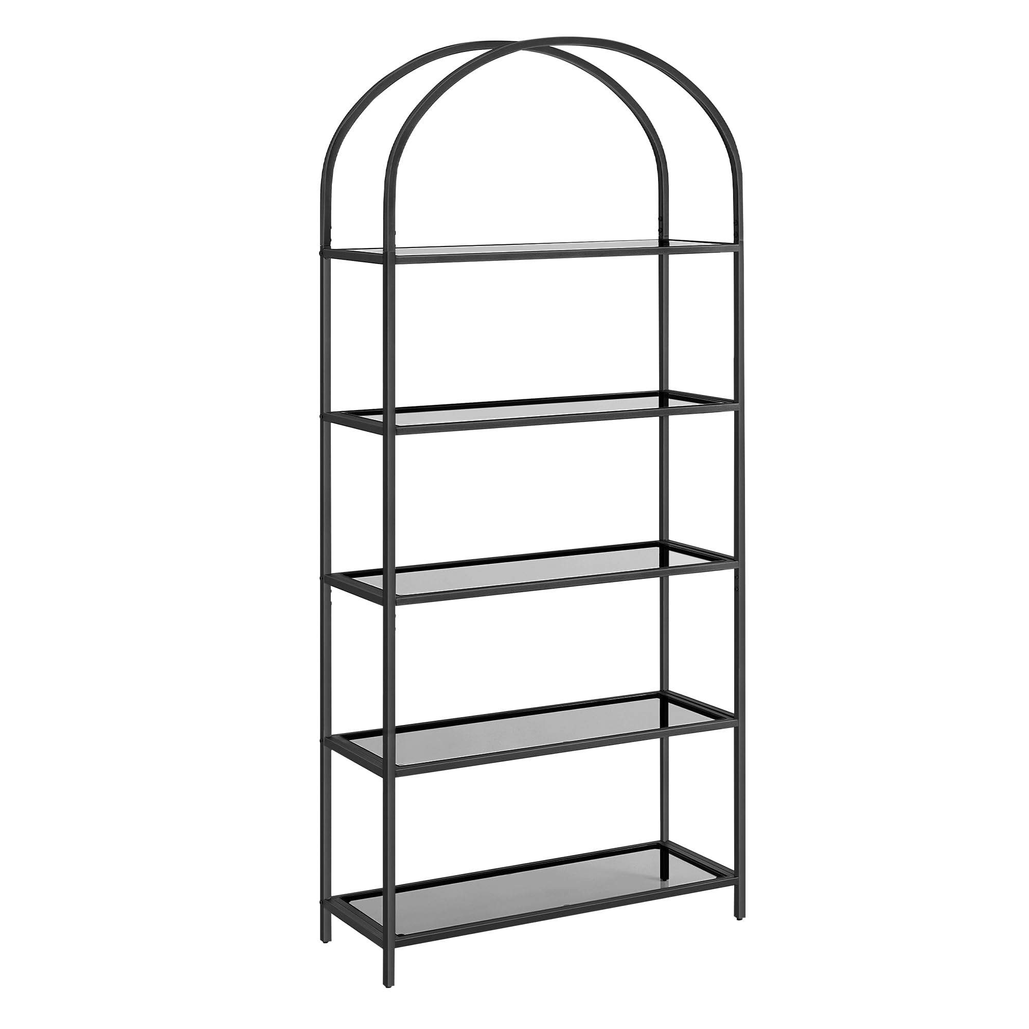 VASAGLE 5-Tier Shelf, Tempered Glass Shelving Unit, Arched Design, Steel Structure, for Living Room Bedroom Study Bathroom, Ink Black and Slate Grey LGT050G01