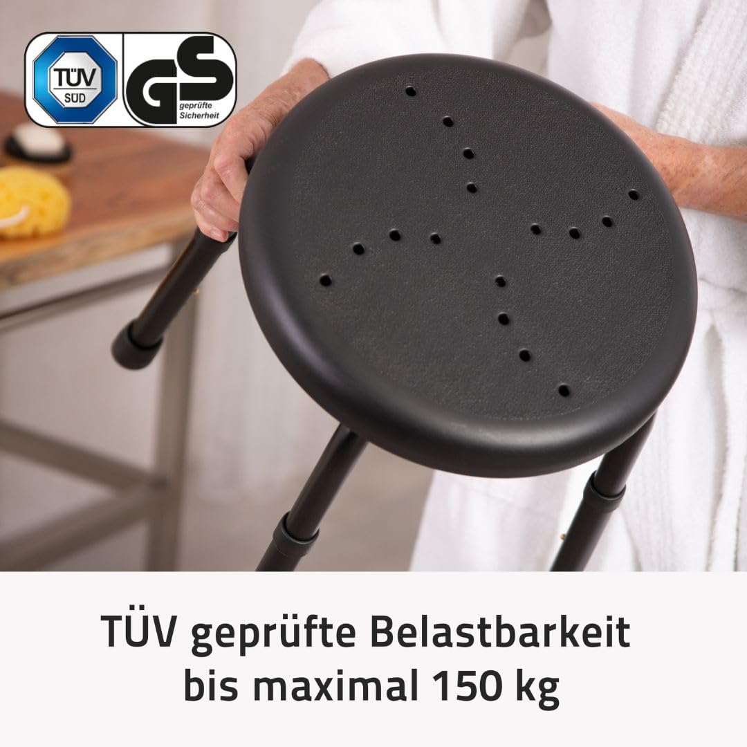 RIDDER – Bad-Hocker Go, Ø 50x34,9-52,5cm, schwarz, Aluminium/PE/TPR | Höhenverstellbarer Duschhocker mit rutschhemmender Sitzfläche. Stabiler Badehocker | Belastbar bis 150kg
