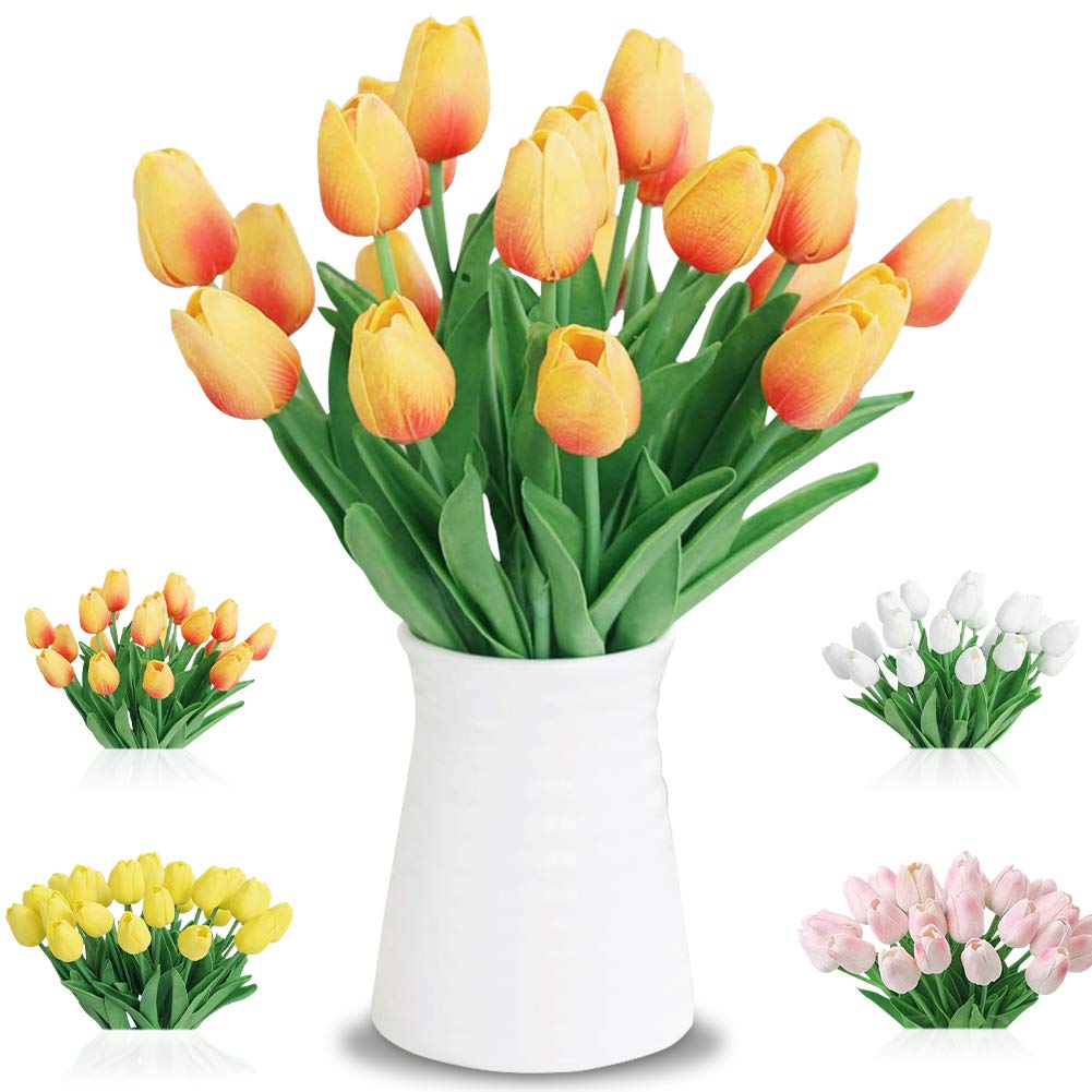 LanQueen Artificial Flowers Fake Flowers Bouquet Silk Tulip Real Touch Bridal Wedding Bouquet for Home Garden Party Floral Decor 10 Pcs for Women Grandma Girls(Orange)