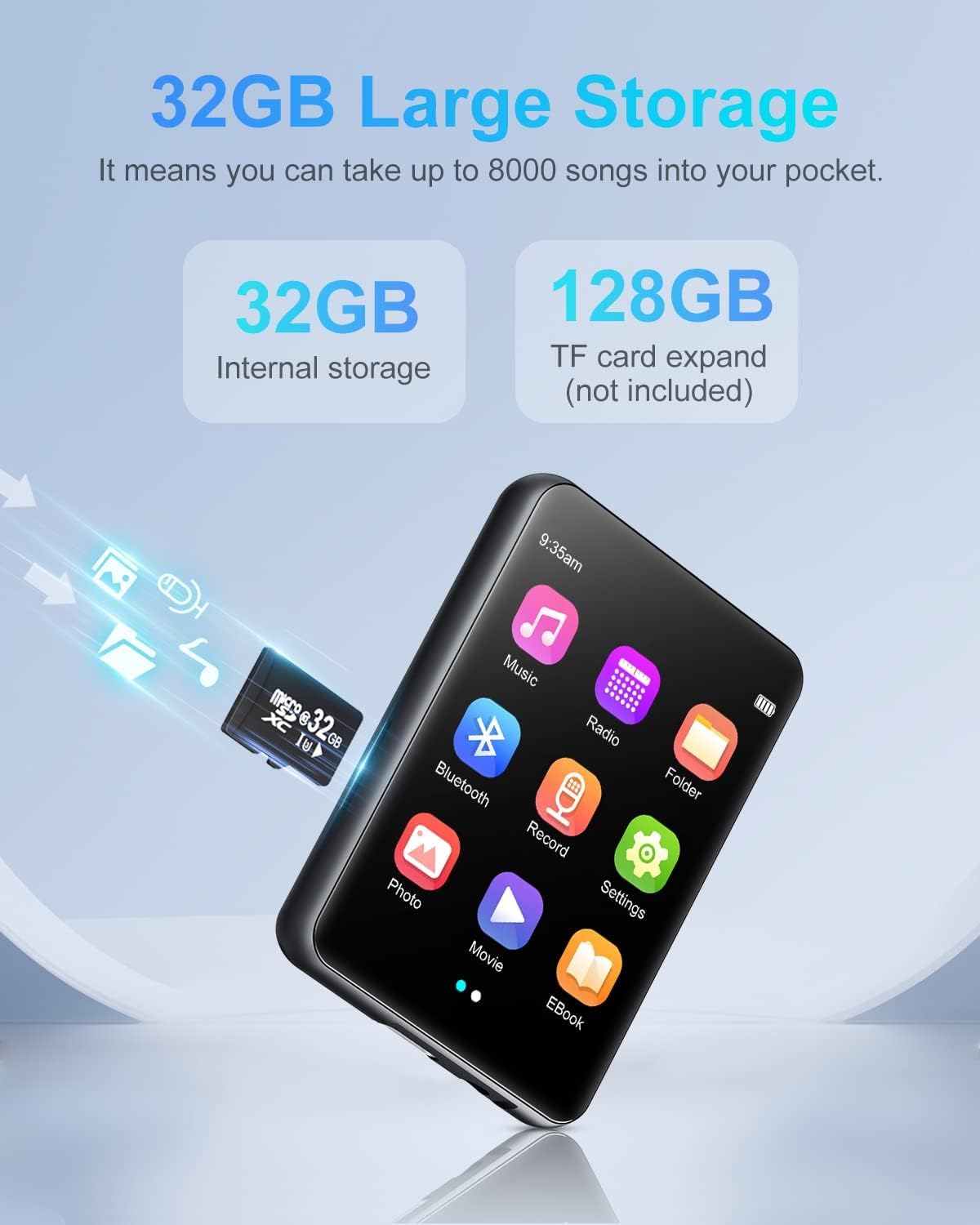 64GB Lettore MP3 Bluetooth 5.3, Lettore Audio Portatile HIFI Lossless con Altoparlante, Radio FM, Line-in Registrazione Vocale, E-book, Full Touch Schermo Lettore Musicale, Supporto fino a 128GB