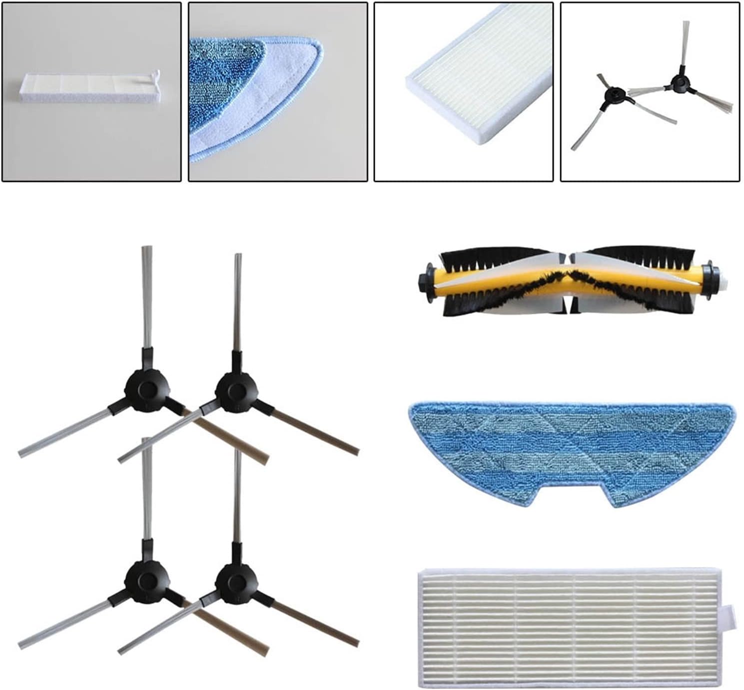 Close-up of main brush, side brush, filter, and mop cloth