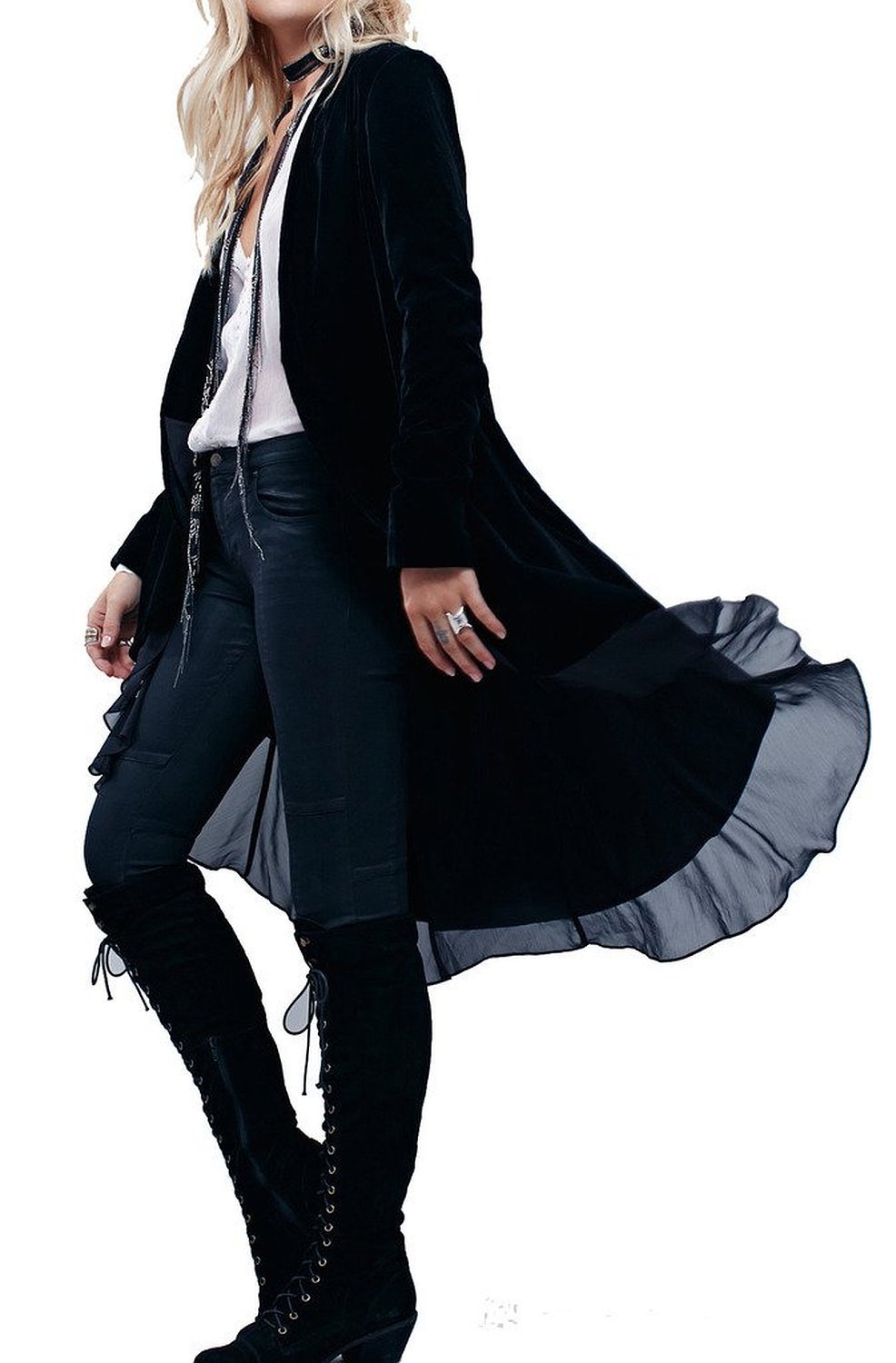 R Vivimos Womens Ruffled Asymmetric Long Velvet Blazers Coat Casual Jackets