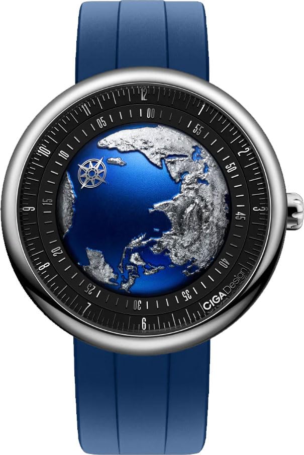 Image of CIGA Design Blue Planet Men's Luxury Watch, Stainless Steel Case, Automatic Movement, Rubber Strap, 30M Water Resistant Timepiece, Blue Dial, 2 Years Warranty - U033-SU01-W6U