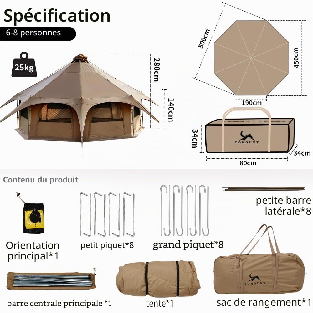 TOMOUNT Tipi Tente en coton 6-8 personnes Tente pyramide yourte pour grandes familles Tente glamping pour camping, randonnée, festival, fêtes, mariage, fête musicale