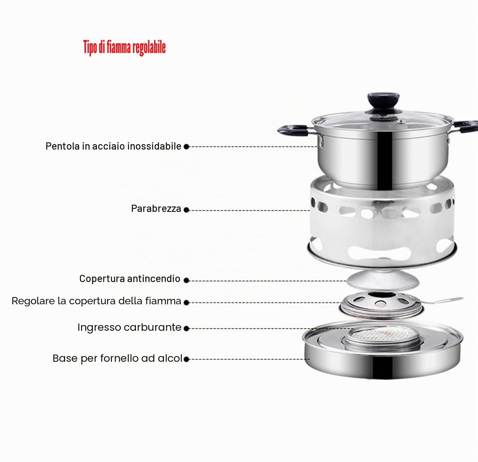Fornello a spirito, in acciaio inox, portatile, da campeggio, per esterni, da campeggio, per interni, adatto per interni e campeggio (tipo di fuoco regolabile: 20 cm)