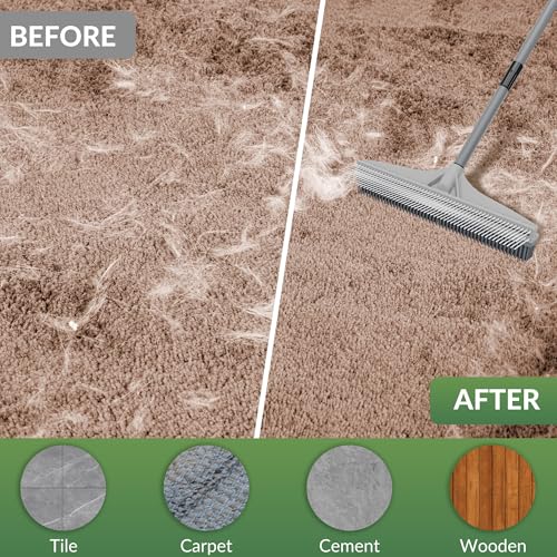 Walensee Teppichkamm für Tierhaare, 155 cm Reinigungsgerät mit verstellbarem Langstiel - 2-in-1: Gummibesen & Nylon-Teppichbürste für Teppiche, Treppen & Matten - waschbar & langlebig