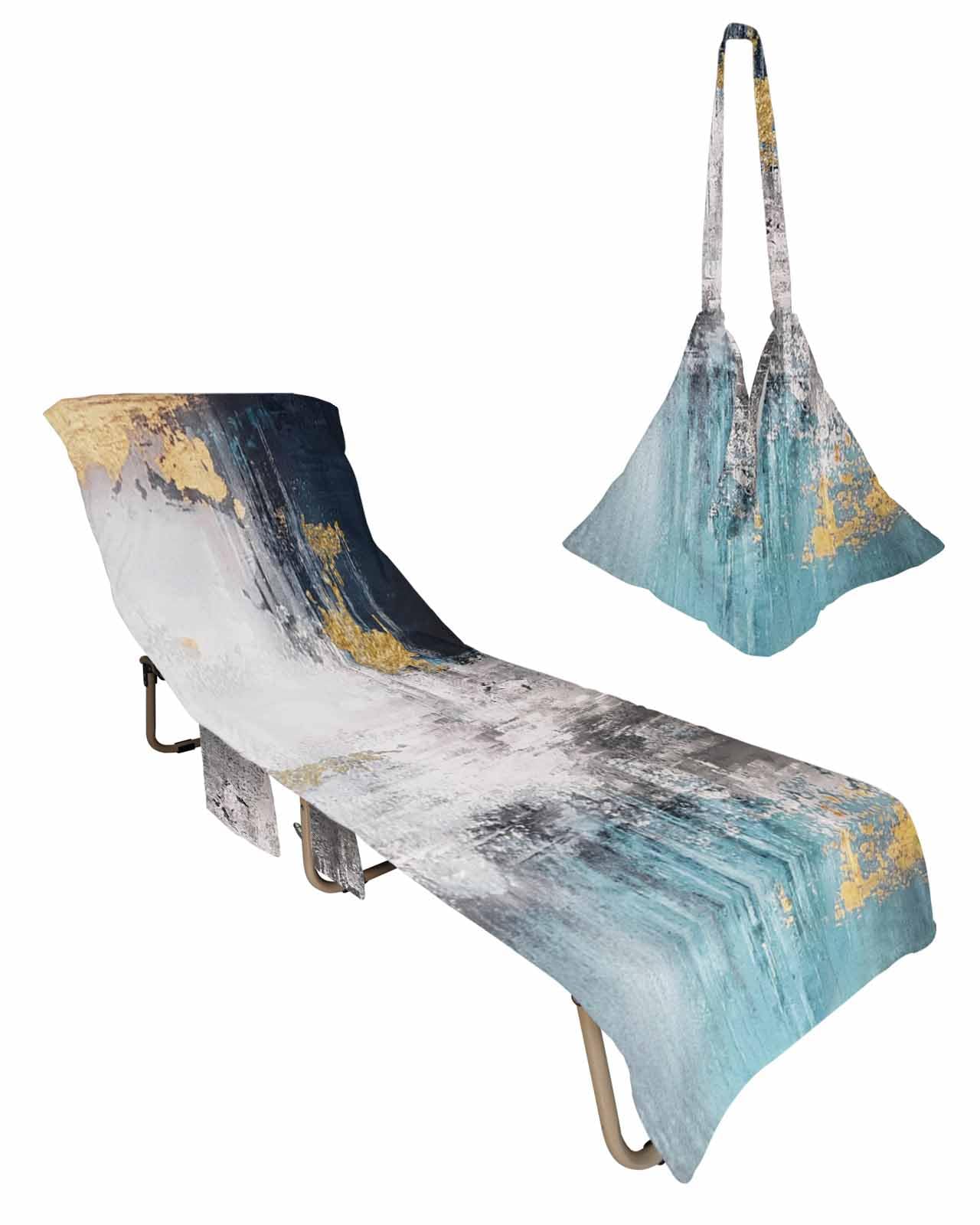 Navy Teal Beach Chair Towel Covers for Chaise Lounge with Side Pocket, Soft Plush Pool Towels Cover for Patio Sunbathing Outdoor 29''x85'' Modern Grey Abstract Minimalist Geometric