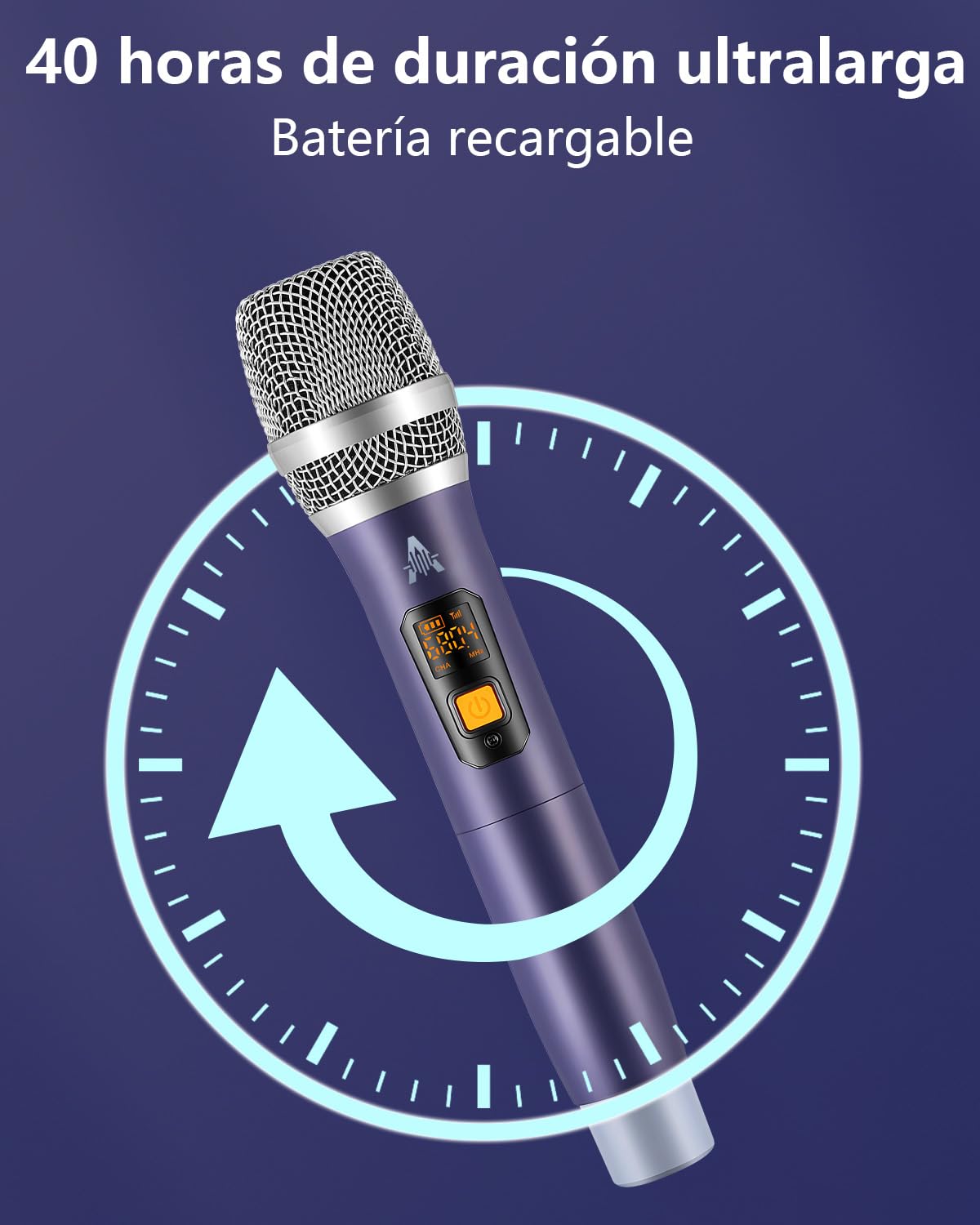Micrófono inalámbrico, UHF Metal doble de mano inalámbrico sistema de micrófono dinámico con receptor recargable (40H Duración, 200 pies de alcance) para cantar, karaoke, iglesia, discurso, boda