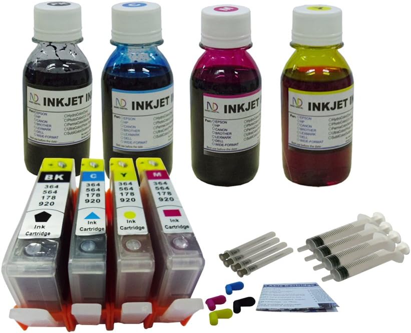 ND Brand Dinsink: 4 Pack US Patent Compatible cartridges for HP 564 564XL with Chips + 4x4oz Premium Refill Ink kit. The Item Logo!