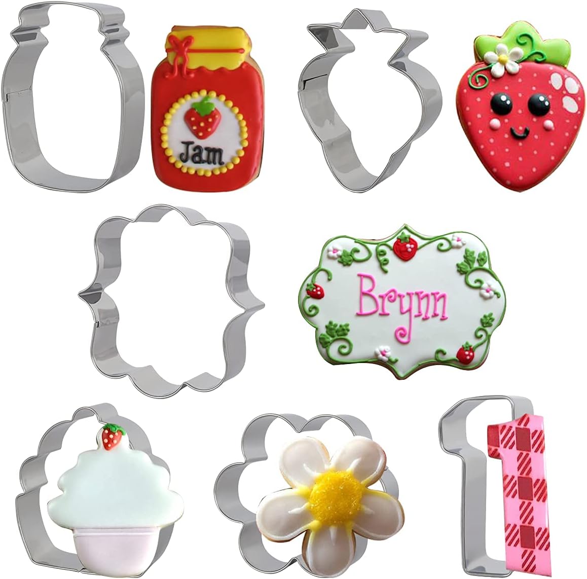 6PCS Strawberry Cookie Cutter Set, Fruit Theme Stainless Steel Biscuit Cutter Molds for Berry Sweet Girl 1st Birthday Baby Shower, Cake Fondant Biscuit Decorations