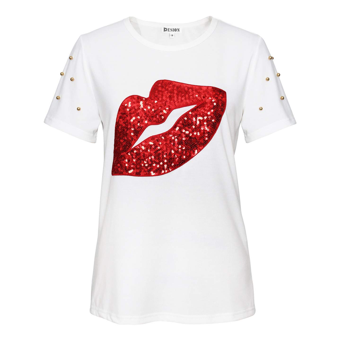 PESION Womens Short Sleeve T-Shirt Sequined Tops O-Neck Funny Graphic Tees Blouse