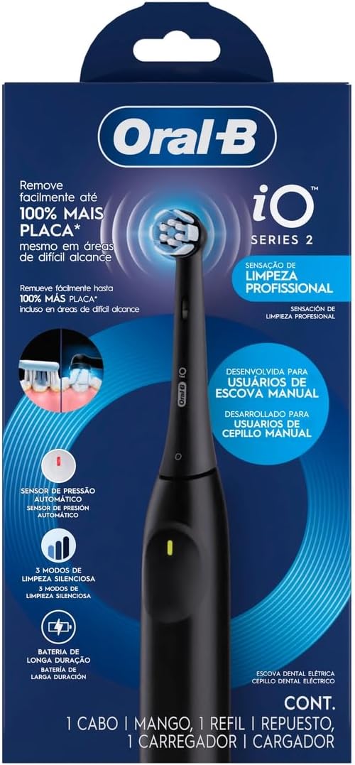 Visão detalhada da caixa da Oral-B iO Series 2 com especificações técnicas