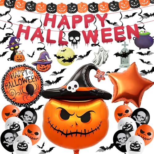 Decoracion Halloween Casa, XXL Globos de aluminio Cabezas de Calabaza 12 Globos de Calabaza Mueca Calavera 3D Guirnalda Calabaza Murciélagos Banderas Colgantes en Espiral Estandarte de sangre