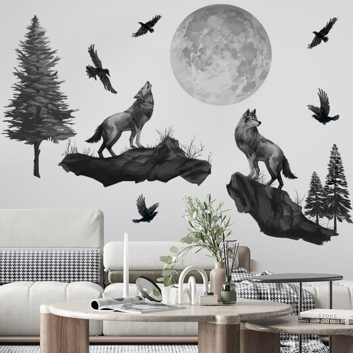 Runtoo Wolf Moon Wall Decals Black Mountain Forest Animals Birds Wall Art Stickers for Nursery Bedroom Living Room Decor - Image 2