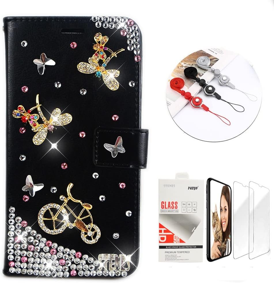 Bling Wallet Phone Case Compatible with Samsung Galaxy S24 Ultra 5G - Stylish - 3D Handmade Dragonfly Bicycle Glitter Wallet Leather Cover with Neck Strap Lanyard & Screen Protector - Black