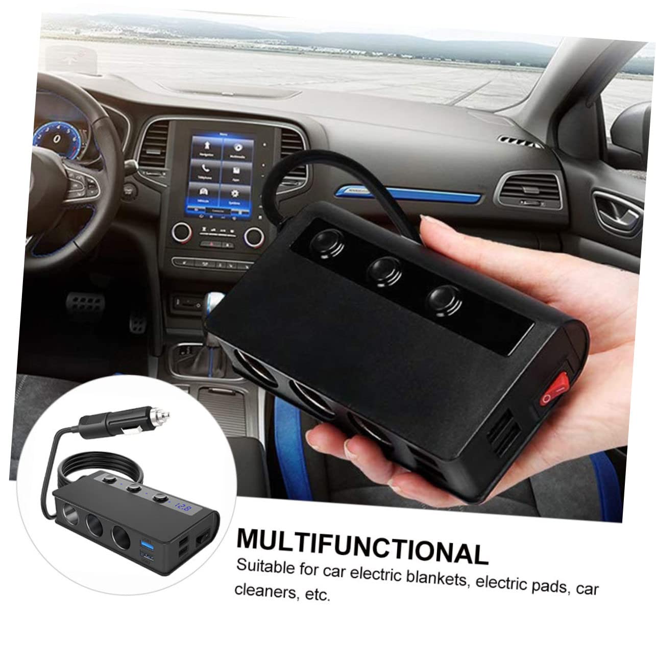 NUOBESTY Caricatore Auto 180w 4 Porte USB e 3 Prese Accendisigari, Materiale PC Nero Funzione Monitoraggio Tensione Batteria e Ic Intelligente