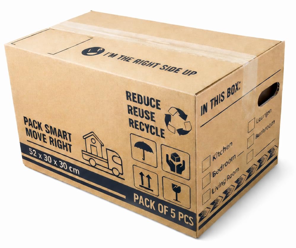 BH | Large Cardboard Moving Boxes | 5-Pack | 52cm x 30cm x 30cm | 47 Litres | Strong Reusable Packing Boxes | House Moving Packing with Carry Handles and Room List Checkboxes - by Best House