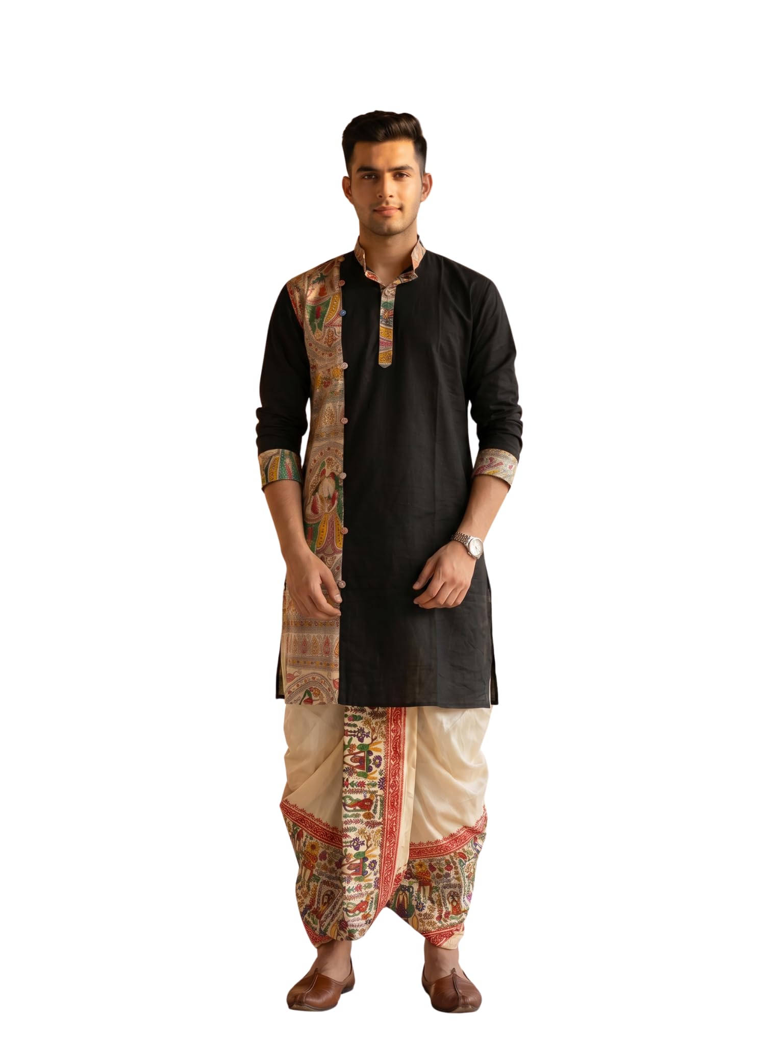 gouri collections Khadi Silk Kurta with Benarasi Silk Dhoti Set | Traditional Ethnic Wear for Men | Festive & Wedding Collection-picture-3
