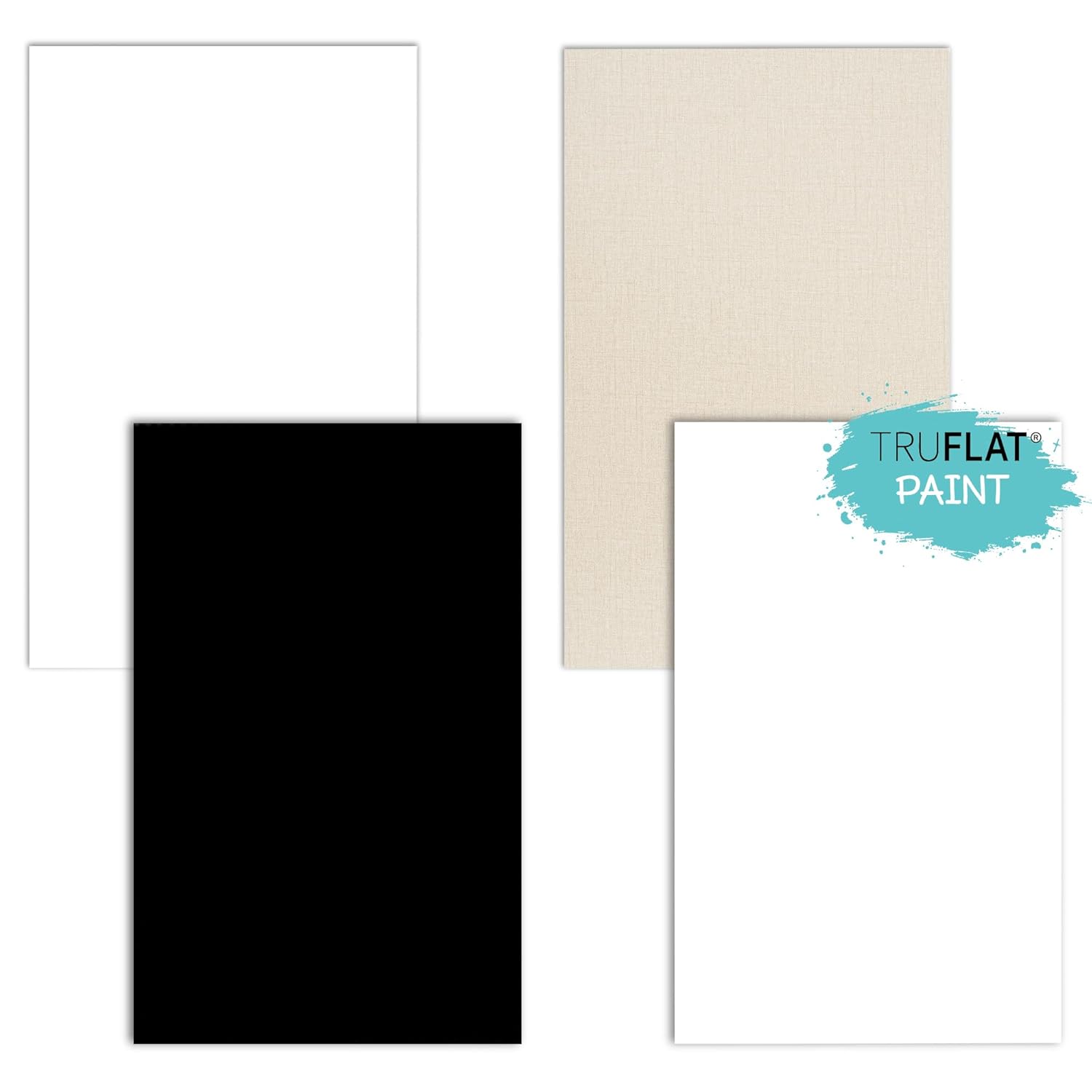 TruFlat 1/8" Pre-Finished Plywood Essentials Pack 12"x19" – 24 Sheets MDF Core Flat Wood Boards for Laser Cutting, Engraving – 6 White, 6 Black, 6 Linen, 6 Paint – Smooth Double-Sided Finish