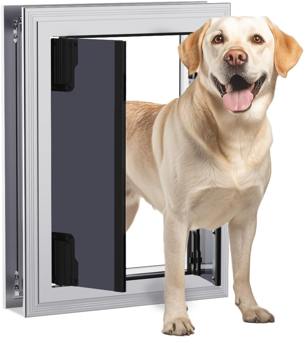 French Dog Door, Energy Efficient Doggie/Doggy Door with Aluminum Frame, Telescoping Tunnel, Magnetic Flaps and Sliding Lock Panel, X-Large, New