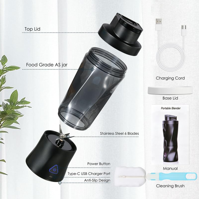 Personal Blender kabelloser Mini-Mixer, kabellos, 360 Watt, tragbarer Mixer, für Smoothies, frisch gepresste Säfte, 6000 mAh, selbstreinigend und BPA-frei, tragbarer Entsafter mit 6 scharfen Klingen