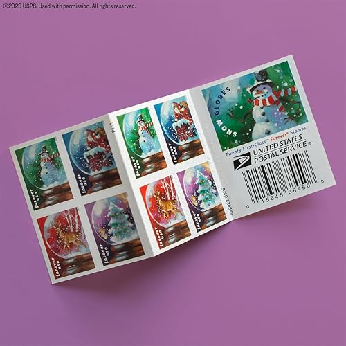 Miniatura 5 de Globos de nieve USPS (Boletín de 20) Sellos postales para siempre (un muñeco de nieve, Papá Noel en una chimenea, un ciervo majestuoso y un árbol de