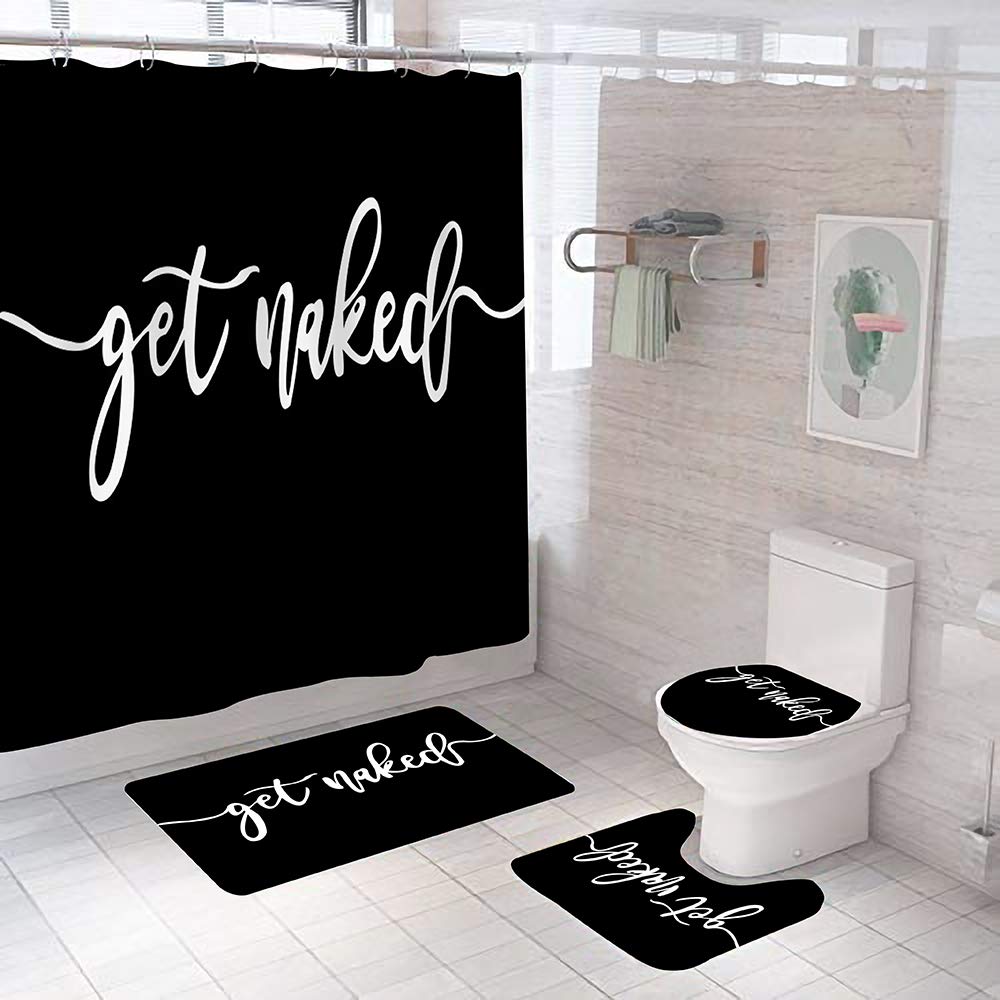 Sungfine Black Grey Get Naked Shower Curtains With Bath Mats,4 Piece Machine Washable Mildew Proof Toilet Lid Cover,Non-Slip Bathroom Mat, Absorbent Pedestal Rugs And Waterproof Bathtub Curtain With Hooks (Black)