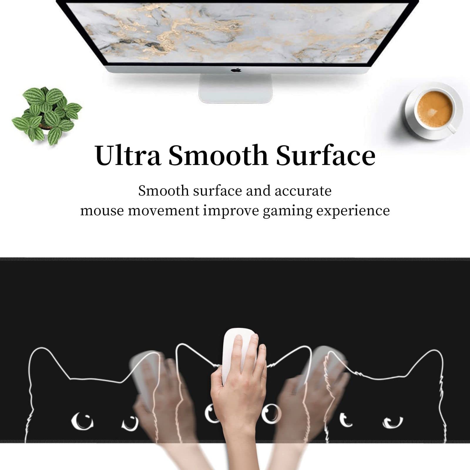 Linda alfombrilla de ratón para juegos de gato negro XXL XL grande para escritorio, almohadillas de teclado largas y extendidas, alfombrilla de goma de 31.5 x 11.8 pulgadas