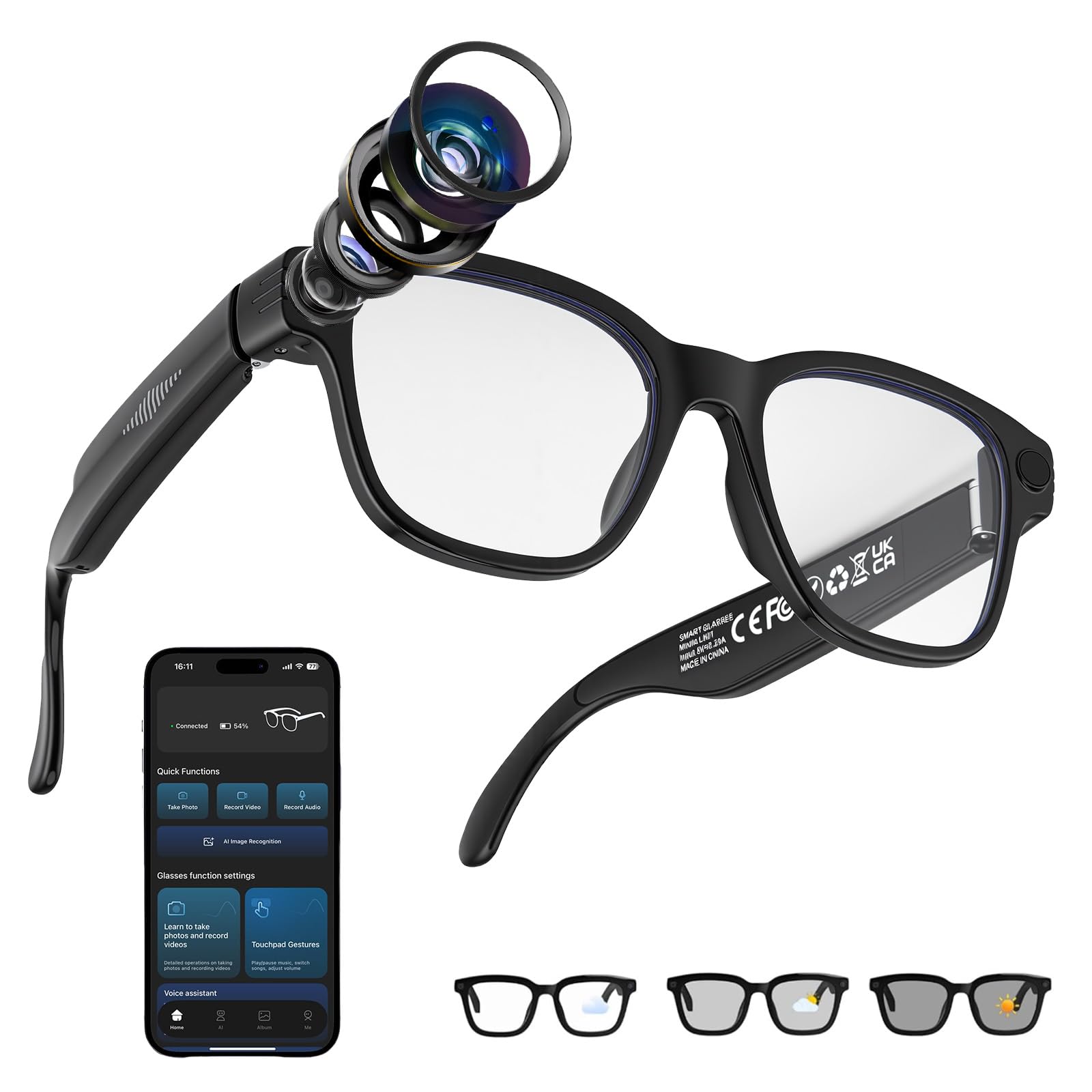 AI Lunettes Connectées Caméra 8MP, avec Stabilisation d'image, Enregistrement Photo/Vidéo/Audio, Traduction Temps Réel, Assistant Vocal, Reconnaissance d'Objets pour Voyage et Travail